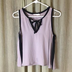 Lush Tan and Black Tie Neck Sleeveless Blouse